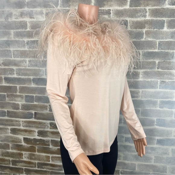Boston Proper Ostrich Feather Trimmed Pale Pink Long Sleeve Pull Over Size M - Picture 5 of 13